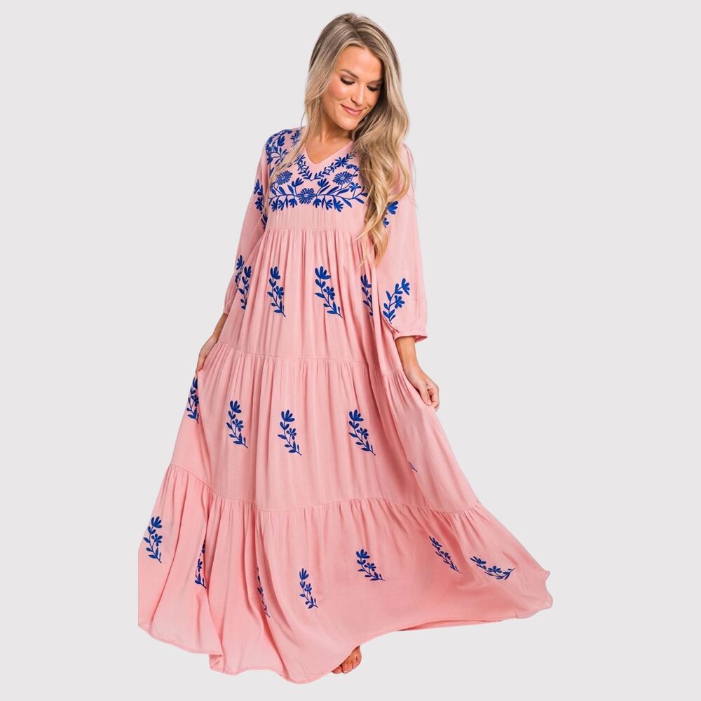J Marie Maxi Dress Pink Madeline V Neck Floral Embroidered Tiered Boho Medium